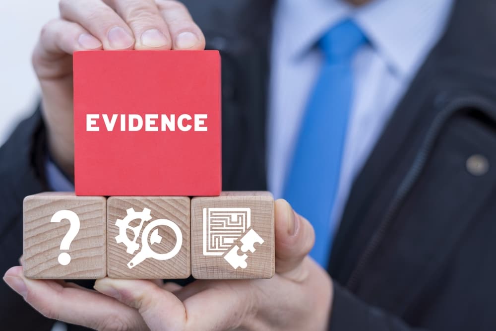 Concept of legal justice, depicted through symbols of evidence, law, and court proceedings.